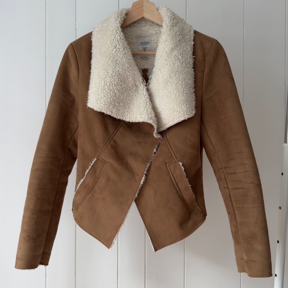 Guess Brown Suede-Look Jacket with Cream Sherpa Collar